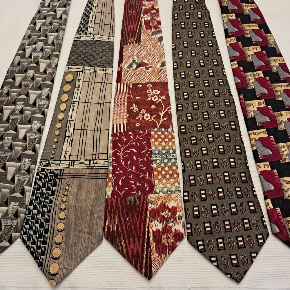 Vintage Designer Men's Tie 100% Silk 5pc Set - Geometric and Patchwork Designs